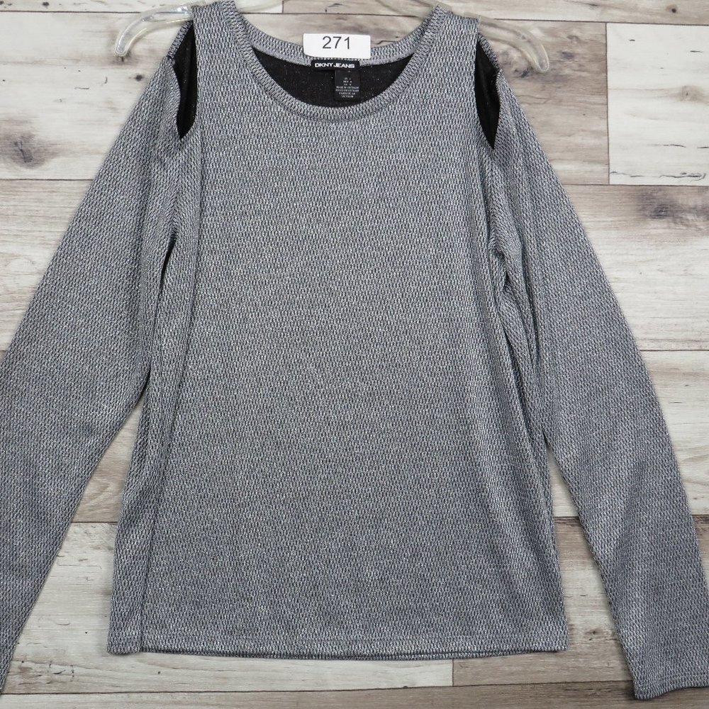 DKNY Jeans* Women's Long Sleeve Boat Neck Open Shoulder Size Large Silver‎